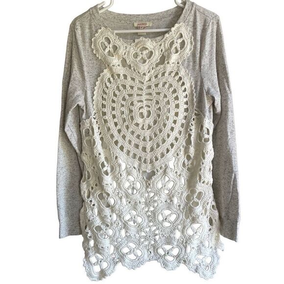 Sundance Top Womens M Crochet Front Long Sleeve Knit Gray Cream Multi Crew Neck - Picture 1 of 7